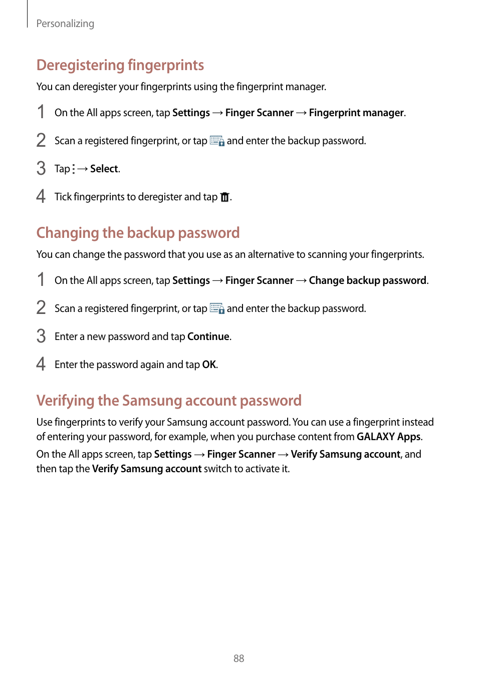 Deregistering fingerprints, Changing the backup password, Verifying the samsung account password | Samsung Galaxy Note Edge User Manual | Page 88 / 208