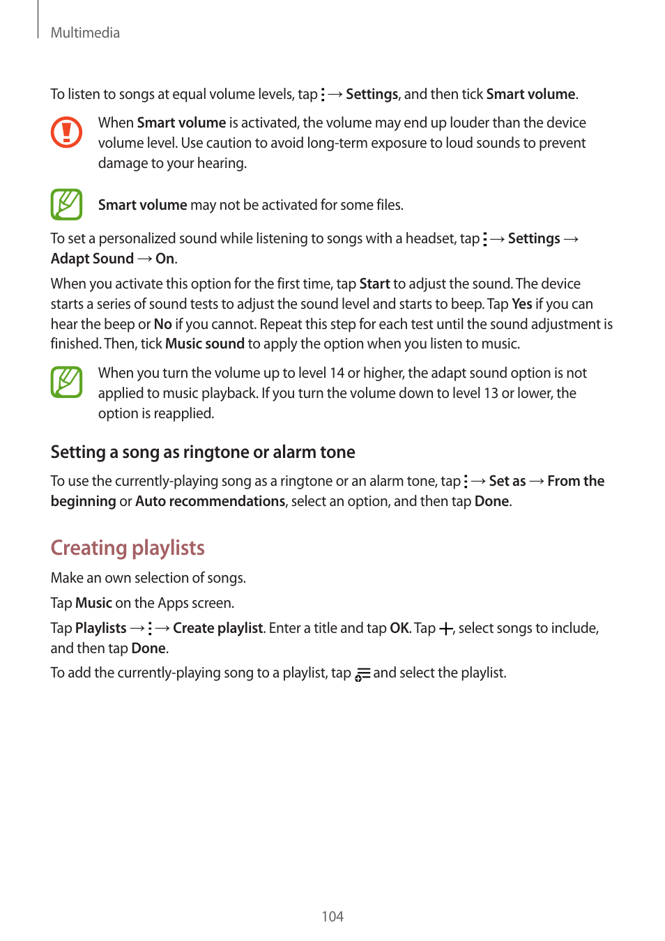 Creating playlists, Setting a song as ringtone or alarm tone | Samsung Galaxy Alpha User Manual | Page 104 / 235