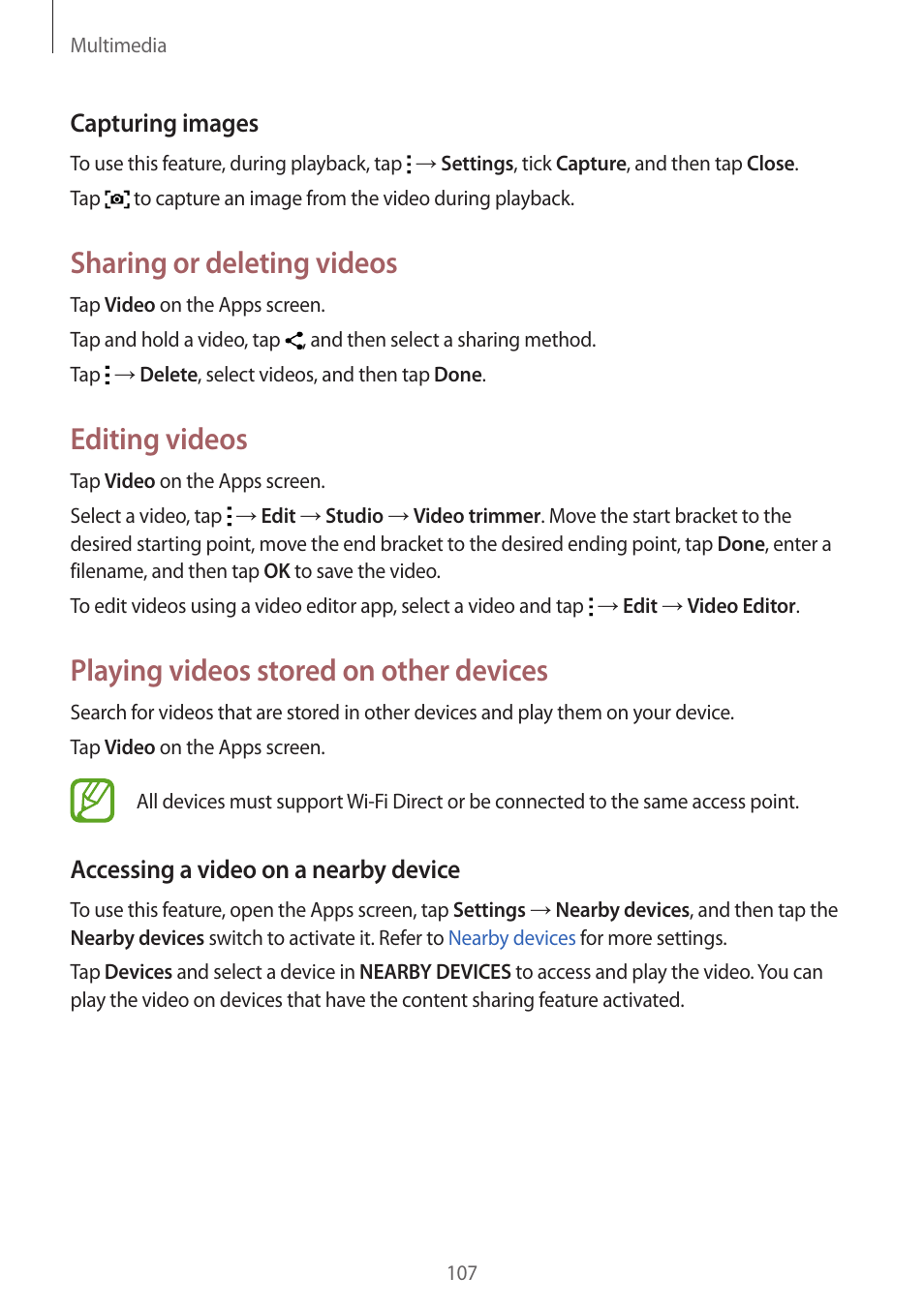 Sharing or deleting videos, Editing videos, Playing videos stored on other devices | Samsung Galaxy Alpha User Manual | Page 107 / 235