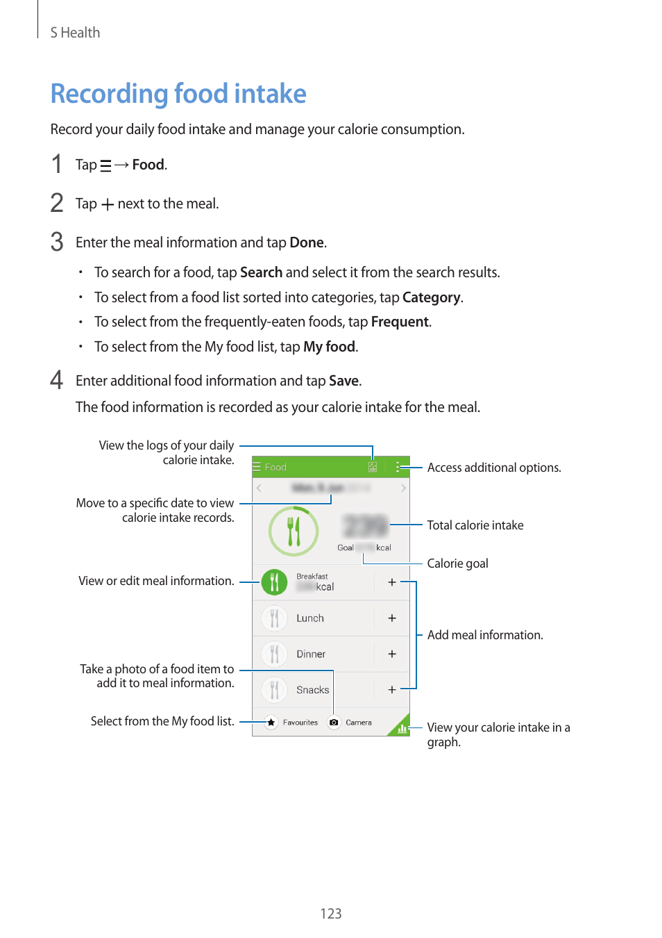 Recording food intake, 123 recording food intake | Samsung Galaxy Alpha User Manual | Page 123 / 235