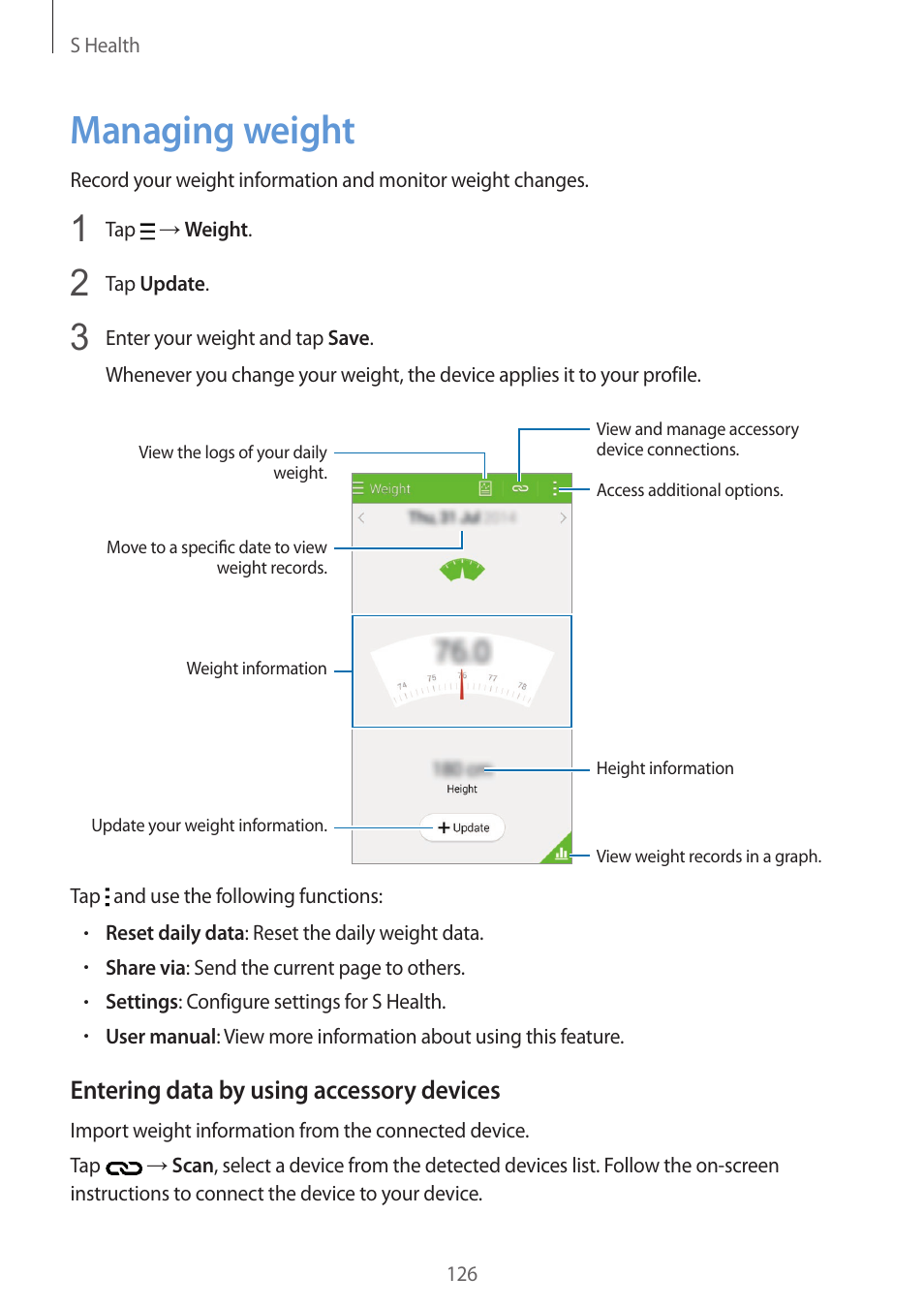 Managing weight, 126 managing weight, Entering data by using accessory devices | Samsung Galaxy Alpha User Manual | Page 126 / 235