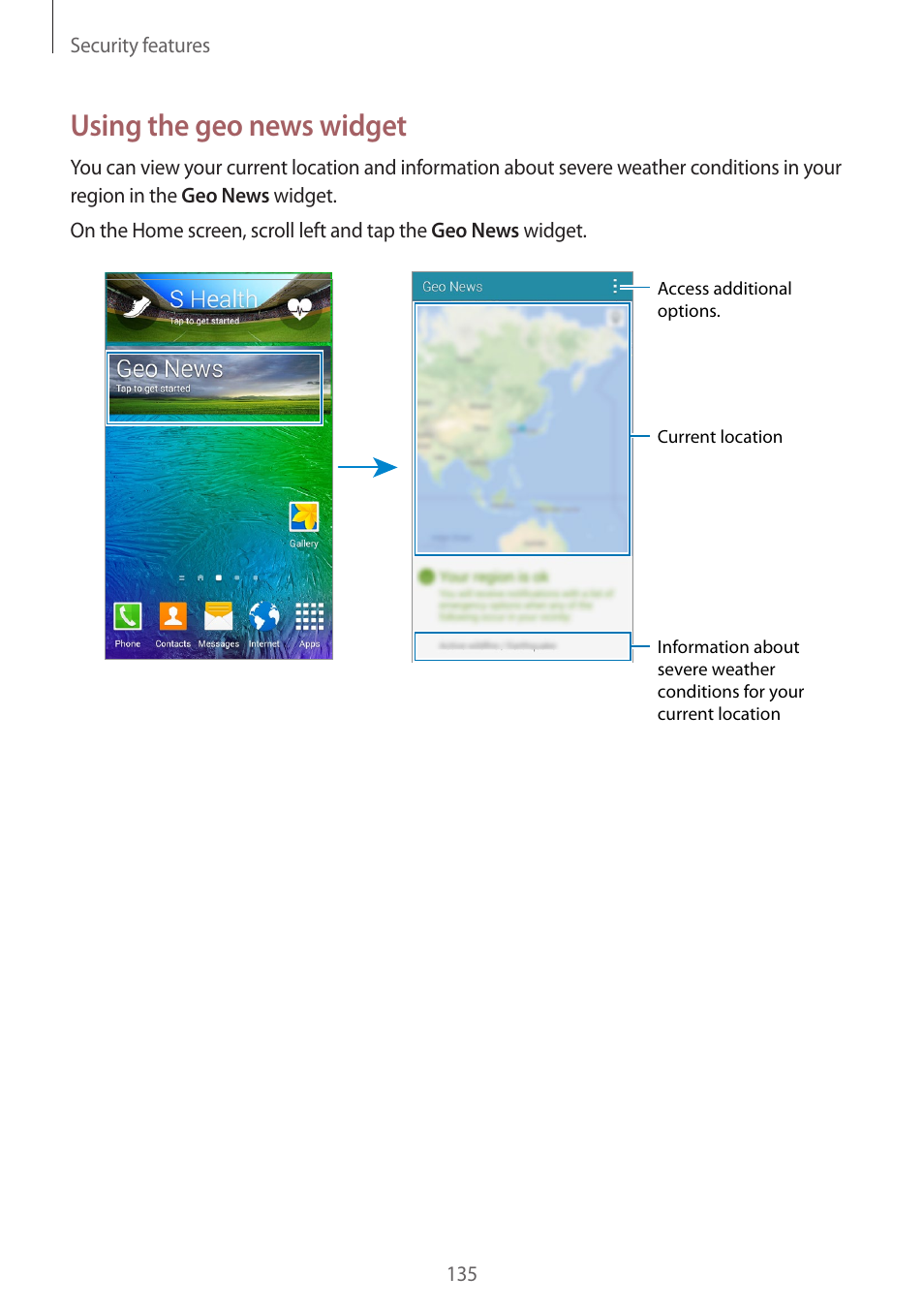 Using the geo news widget | Samsung Galaxy Alpha User Manual | Page 135 / 235