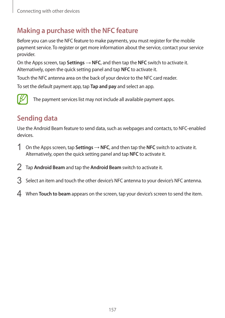 Making a purchase with the nfc feature, Sending data | Samsung Galaxy Alpha User Manual | Page 157 / 235