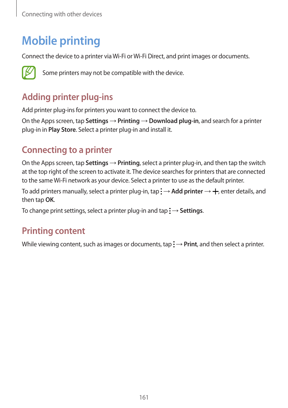 Mobile printing, 161 mobile printing, Adding printer plug-ins | Connecting to a printer, Printing content | Samsung Galaxy Alpha User Manual | Page 161 / 235