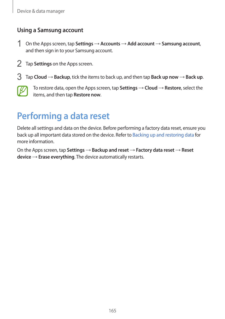 Performing a data reset, 165 performing a data reset | Samsung Galaxy Alpha User Manual | Page 165 / 235