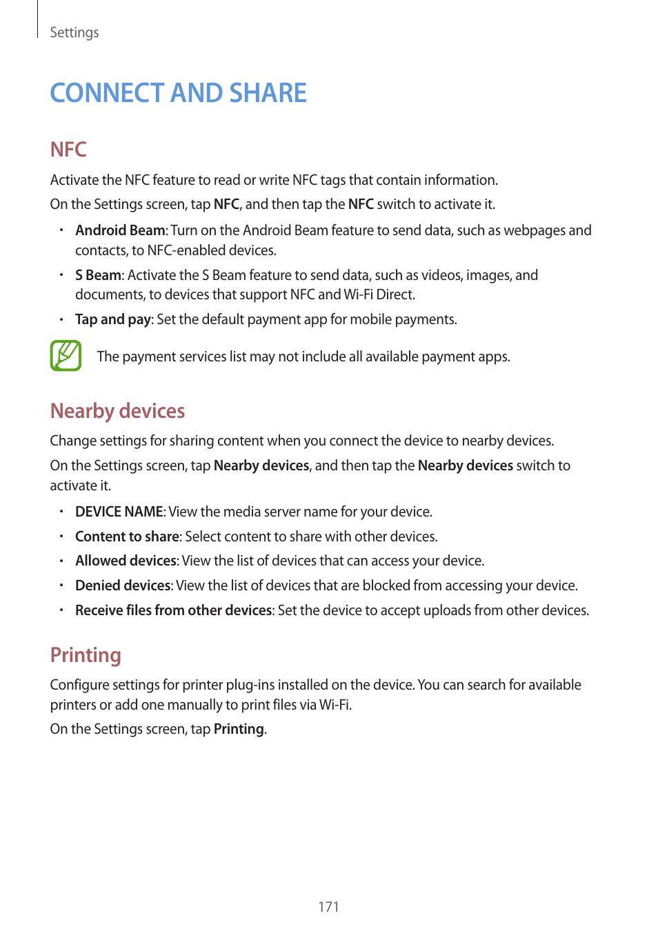 Connect and share, 171 connect and share, Nearby devices | Printing | Samsung Galaxy Alpha User Manual | Page 171 / 235
