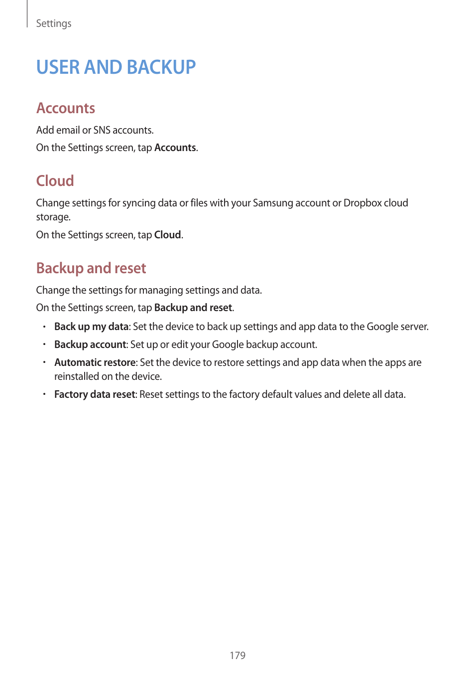 User and backup, 179 user and backup, Accounts | Cloud, Backup and reset | Samsung Galaxy Alpha User Manual | Page 179 / 235