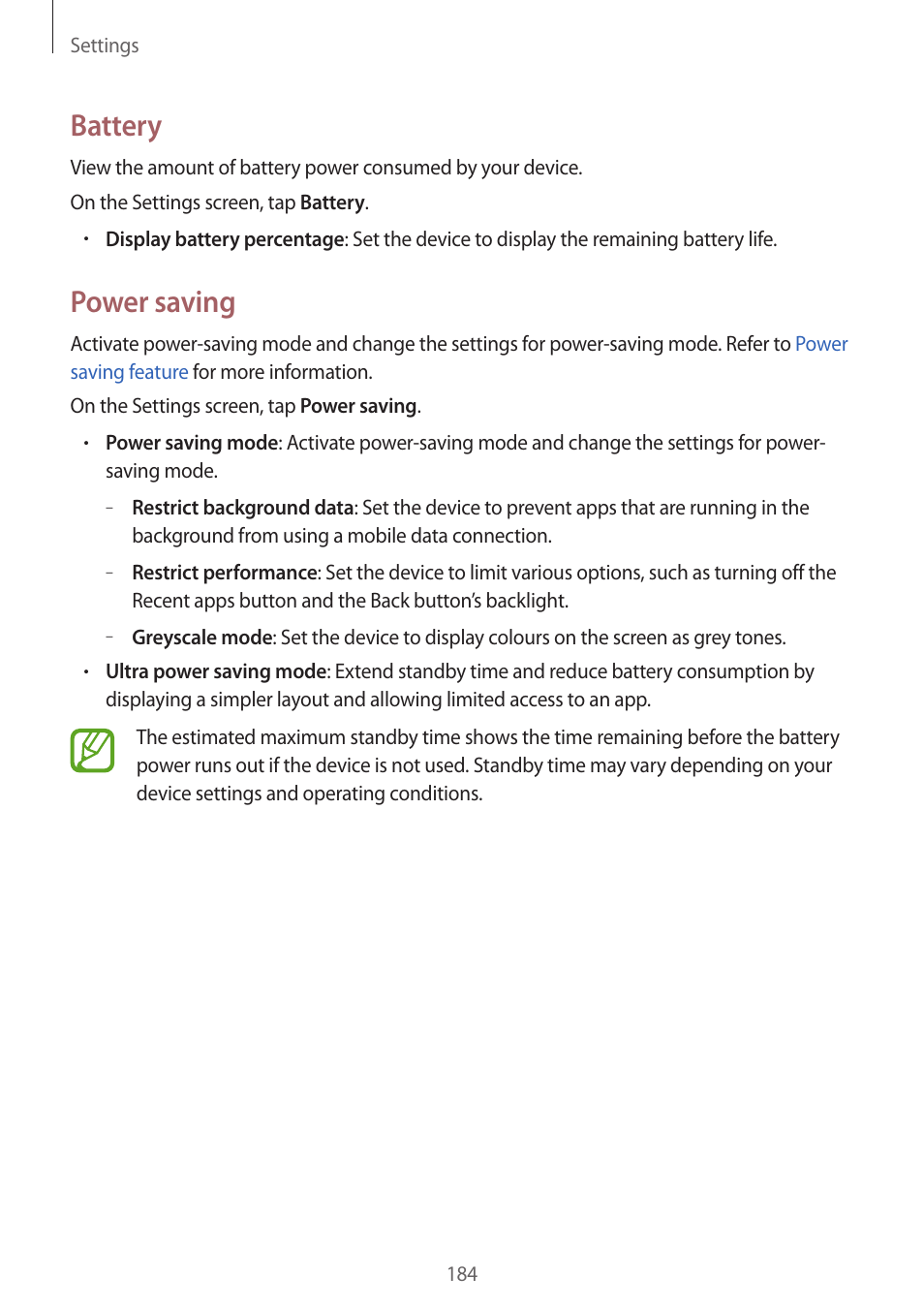 Battery, Power saving | Samsung Galaxy Alpha User Manual | Page 184 / 235