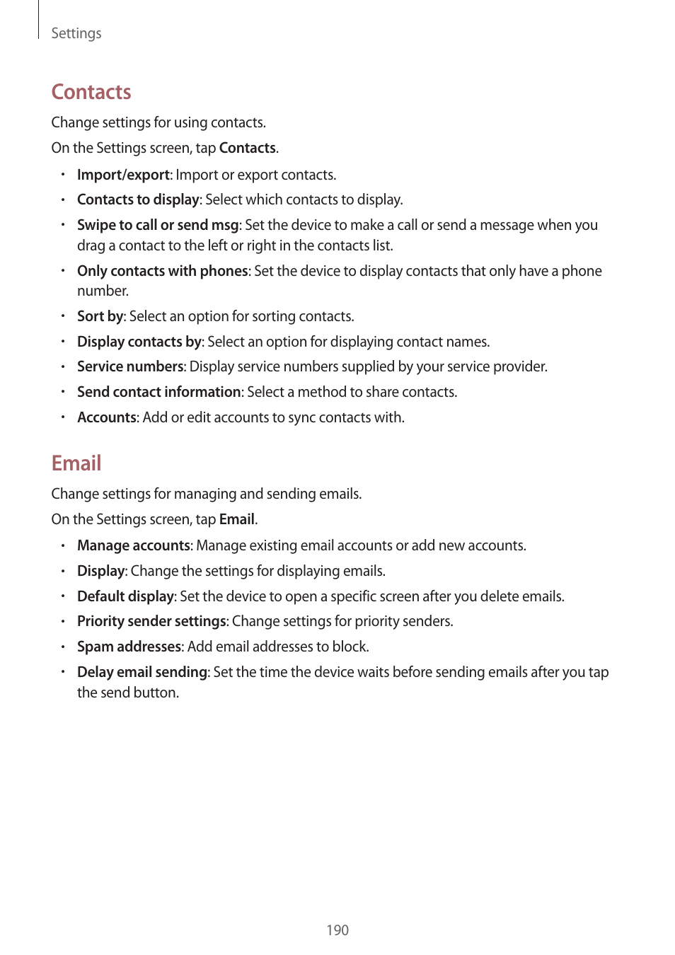 Contacts, Email | Samsung Galaxy Alpha User Manual | Page 190 / 235