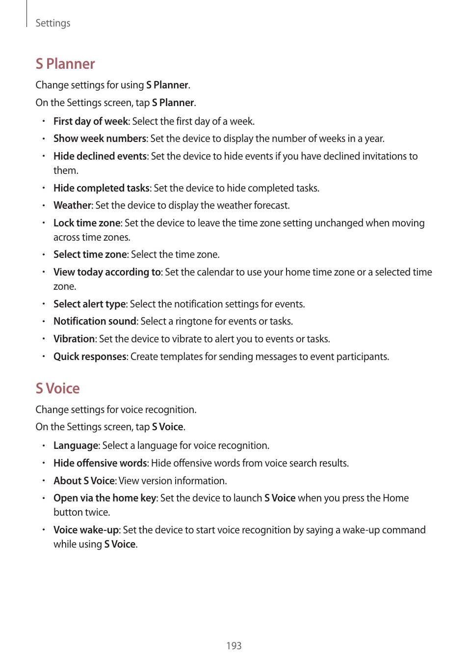 S planner, S voice | Samsung Galaxy Alpha User Manual | Page 193 / 235