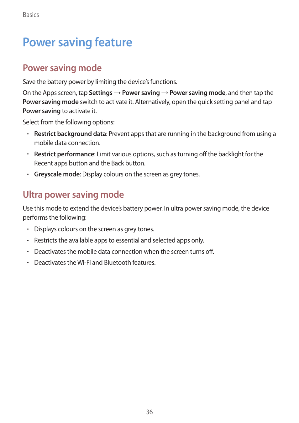 Power saving feature, 36 power saving feature, Ultra power saving mode | Power saving mode | Samsung Galaxy Alpha User Manual | Page 36 / 235
