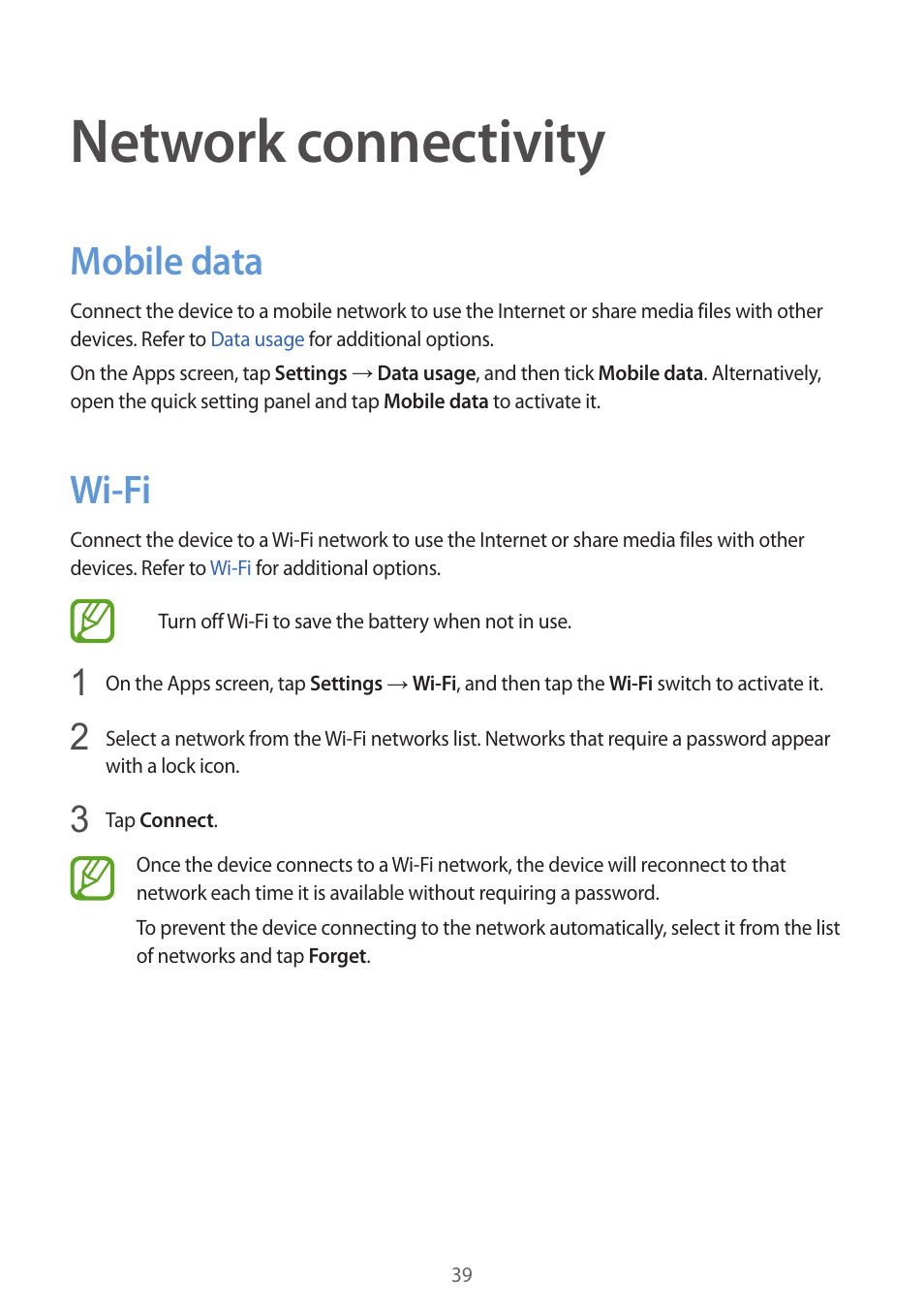 Network connectivity, Mobile data, Wi-fi | 39 mobile data 39 wi-fi | Samsung Galaxy Alpha User Manual | Page 39 / 235