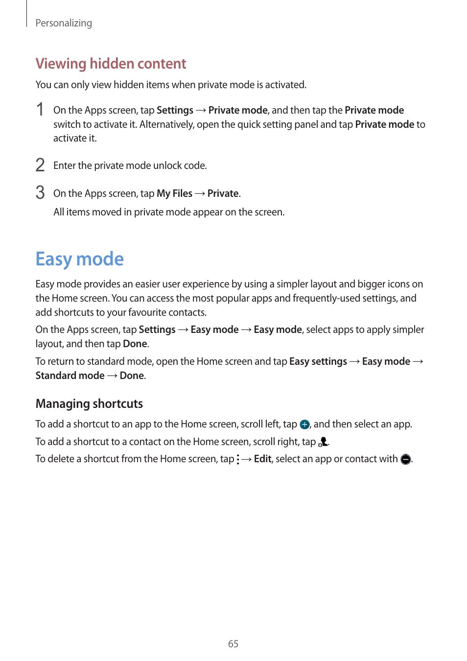 Easy mode, 65 easy mode, Viewing hidden content | Samsung Galaxy Alpha User Manual | Page 65 / 235