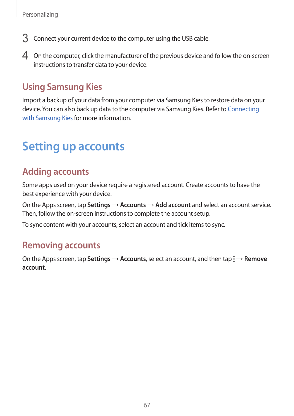 Setting up accounts, 67 setting up accounts, Using samsung kies | Adding accounts, Removing accounts | Samsung Galaxy Alpha User Manual | Page 67 / 235