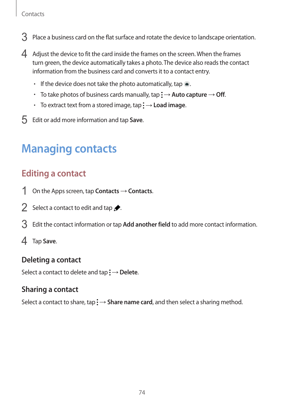 Managing contacts, 74 managing contacts, Editing a contact | Samsung Galaxy Alpha User Manual | Page 74 / 235