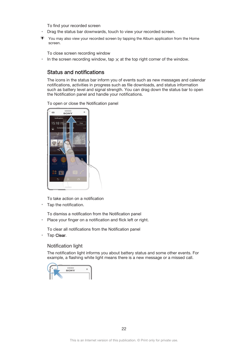 Status and notifications | Sony Xperia Z3 Compact User Manual | Page 22 / 133