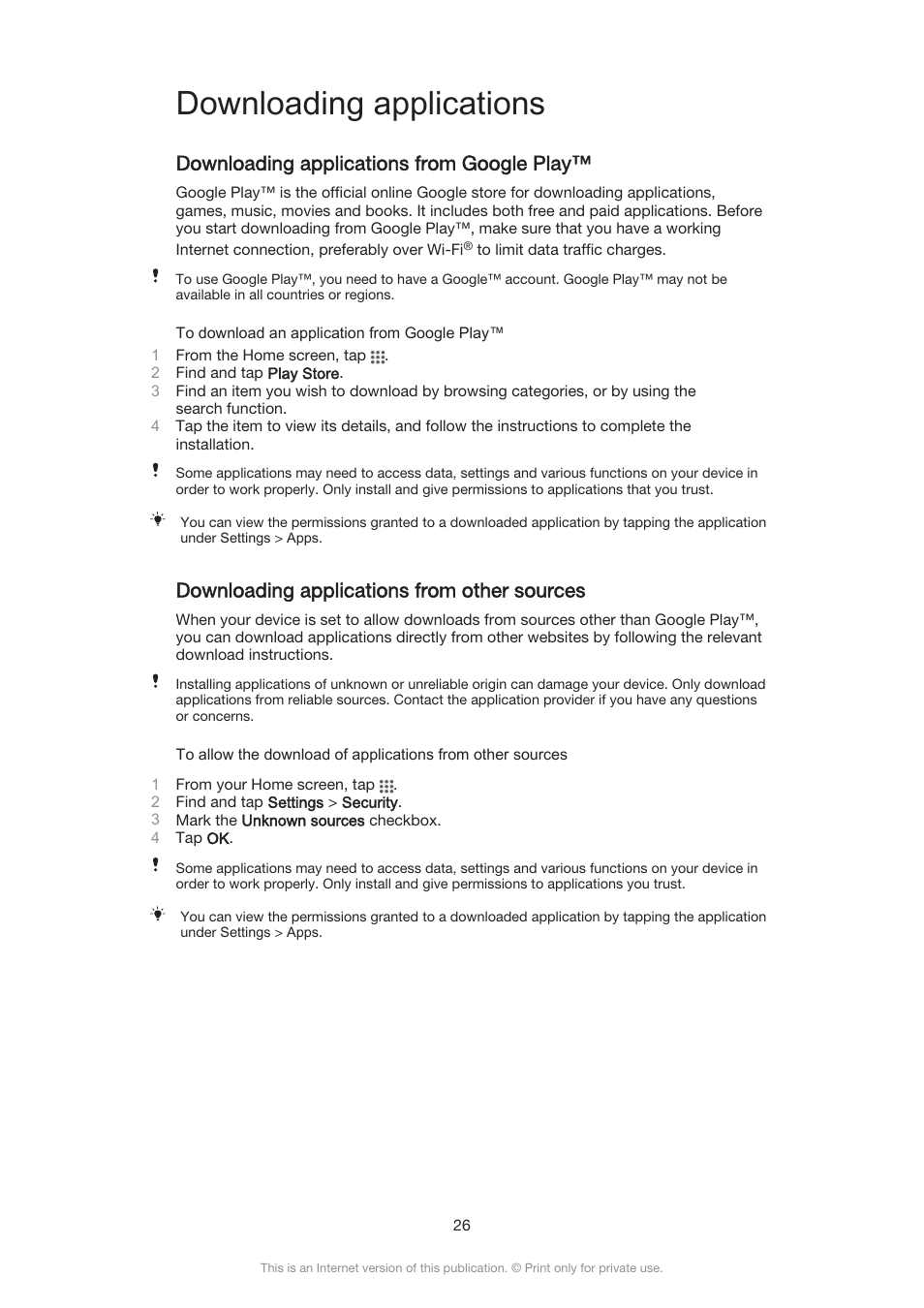 Downloading applications, Downloading applications from google play, Downloading applications from other sources | Sony Xperia Z3 Compact User Manual | Page 26 / 133