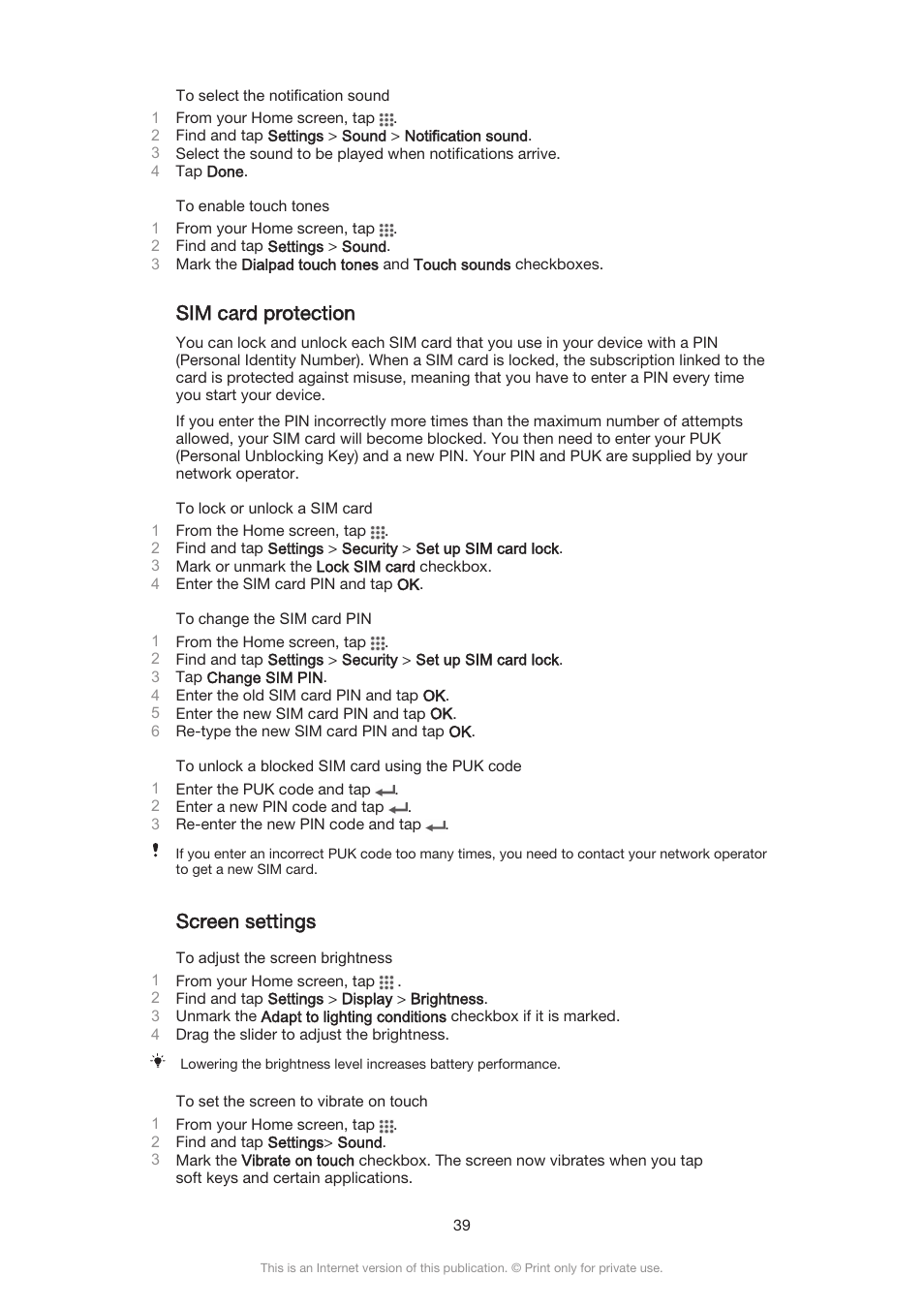 Sim card protection, Screen settings | Sony Xperia Z3 Compact User Manual | Page 39 / 133