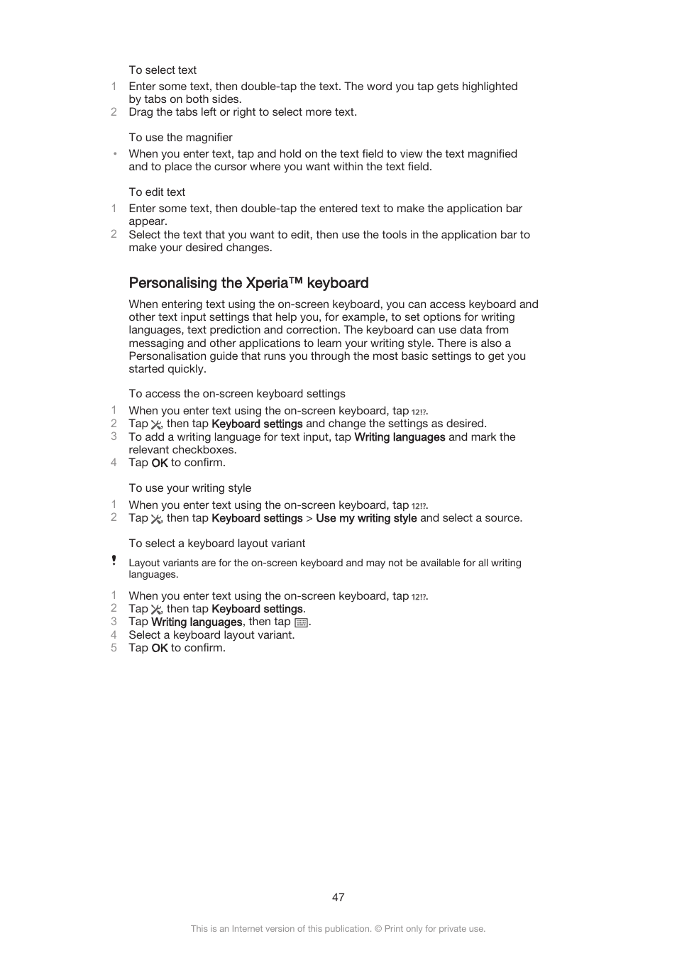 Personalising the xperia™‎ keyboard, Personalising the xperia™ keyboard | Sony Xperia Z3 Compact User Manual | Page 47 / 133
