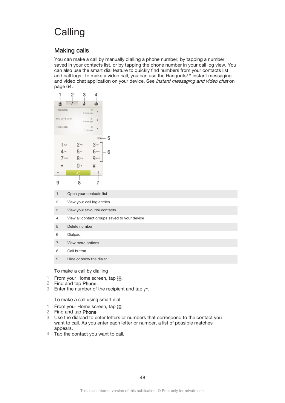 Calling, Making calls | Sony Xperia Z3 Compact User Manual | Page 48 / 133