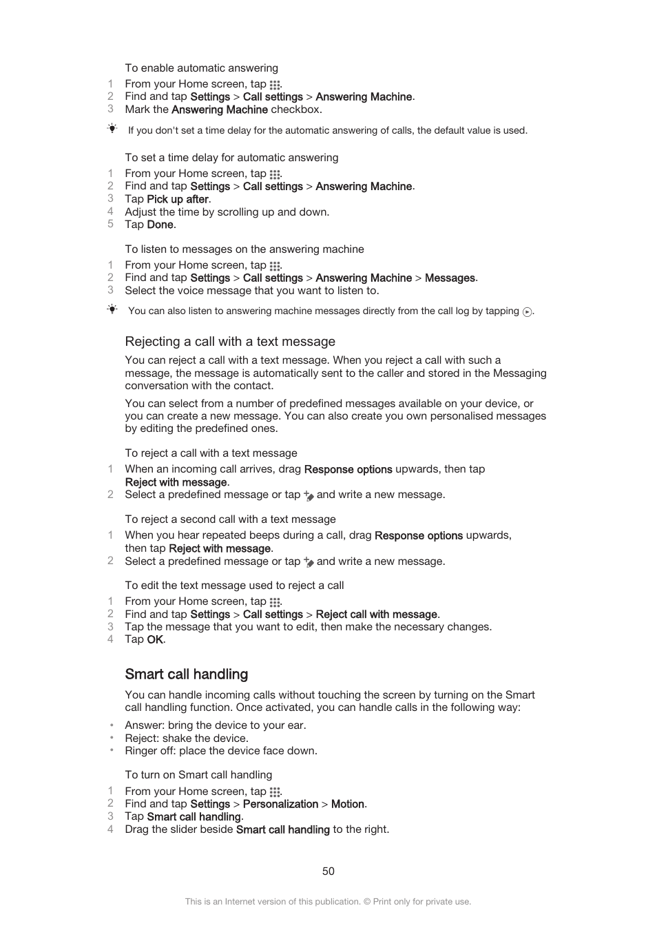 Smart call handling | Sony Xperia Z3 Compact User Manual | Page 50 / 133