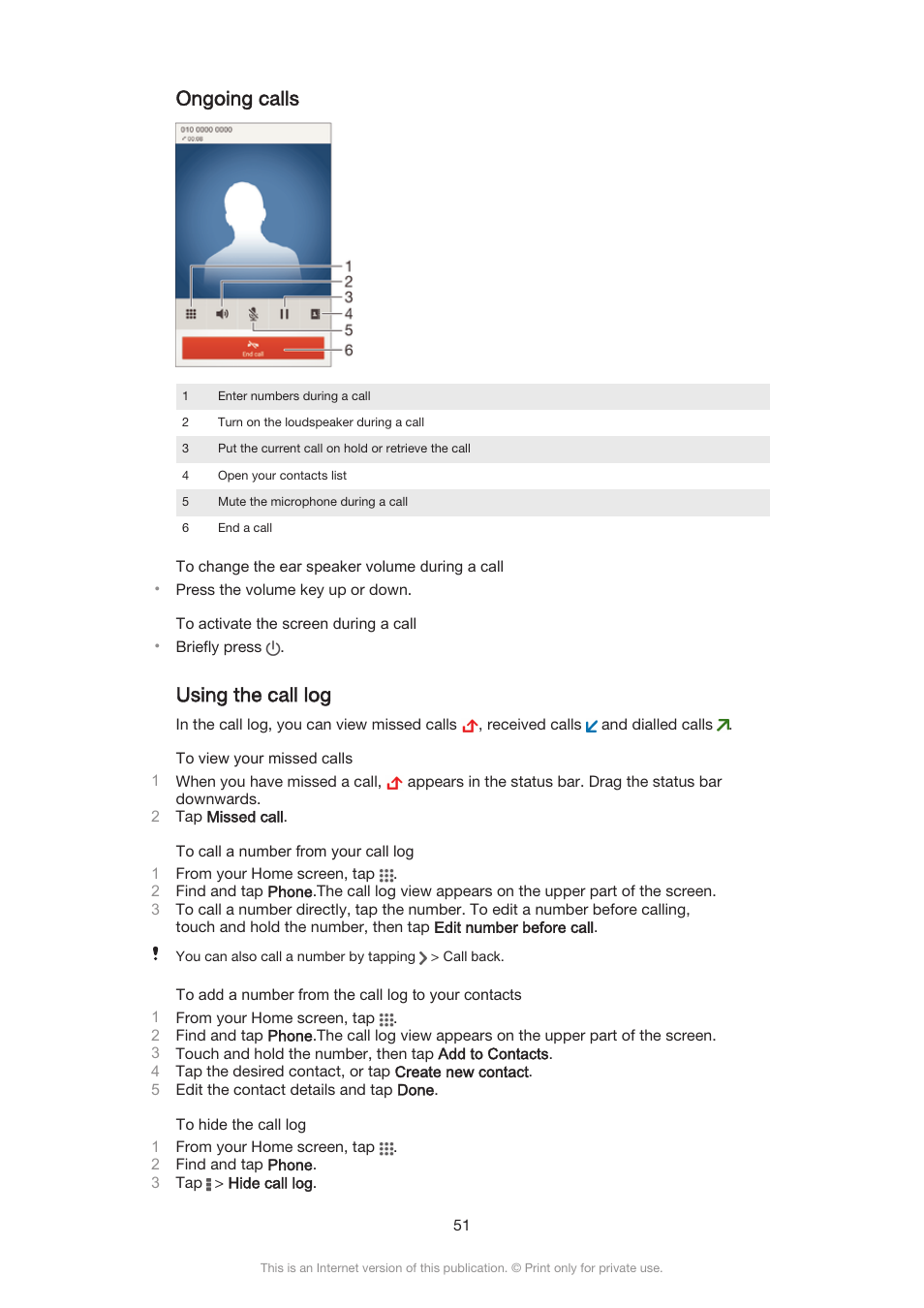 Ongoing calls, Using the call log | Sony Xperia Z3 Compact User Manual | Page 51 / 133