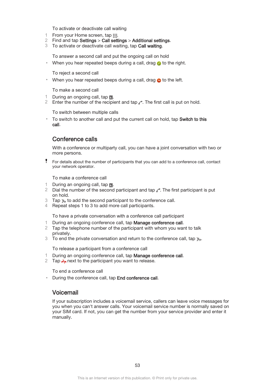 Conference calls, Voicemail | Sony Xperia Z3 Compact User Manual | Page 53 / 133