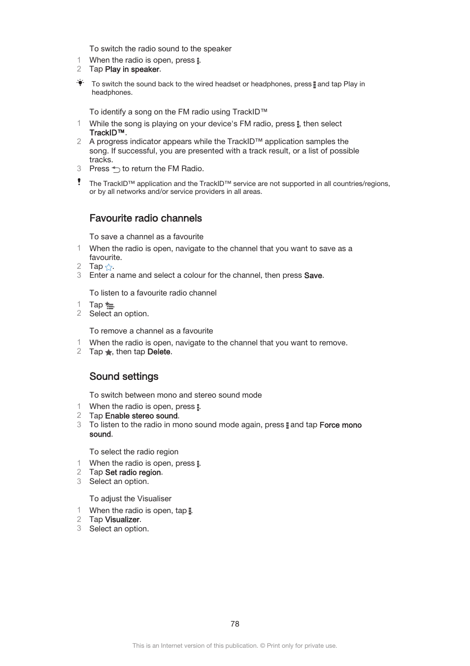 Favourite radio channels, Sound settings | Sony Xperia Z3 Compact User Manual | Page 78 / 133