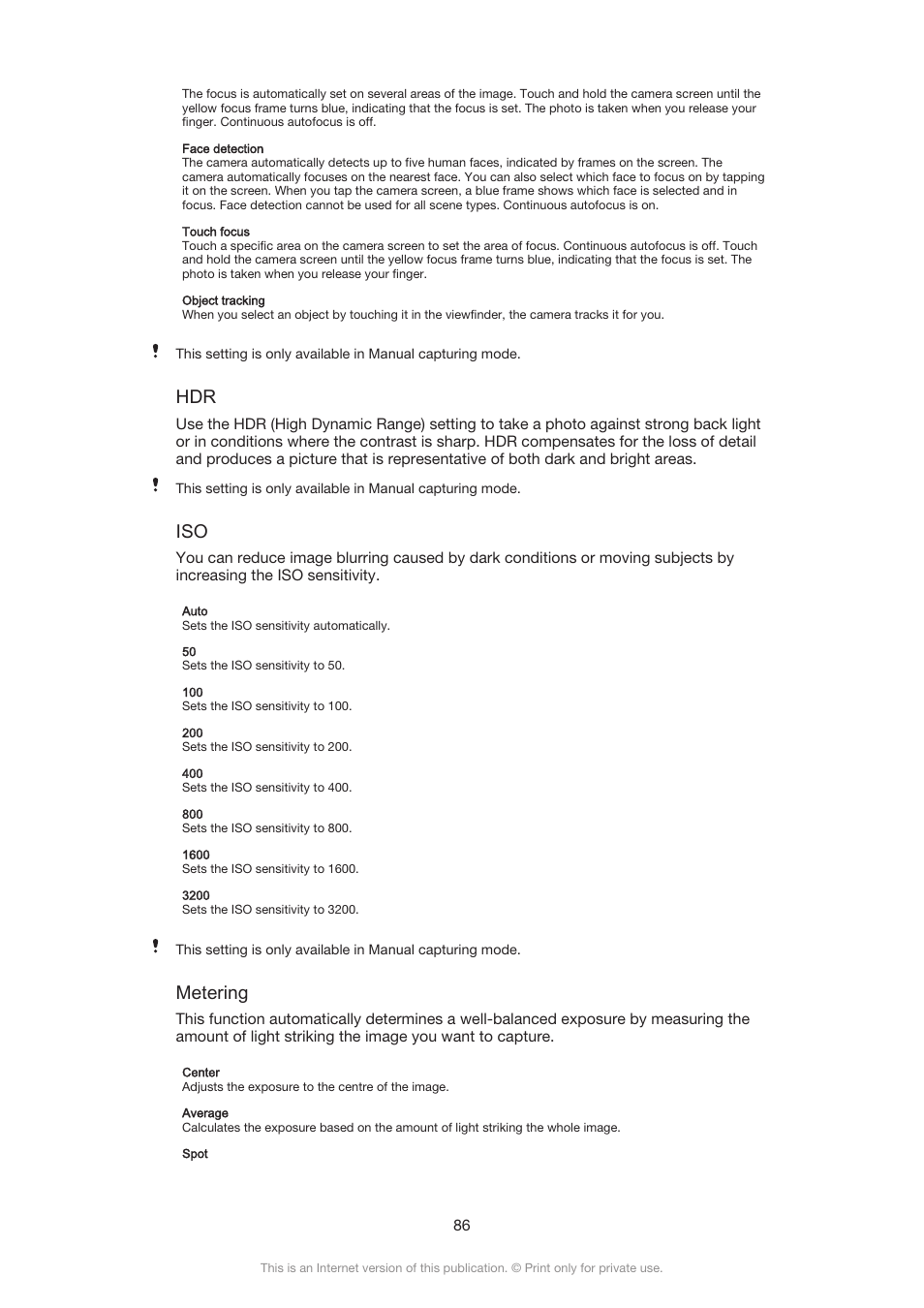 Metering | Sony Xperia Z3 Compact User Manual | Page 86 / 133