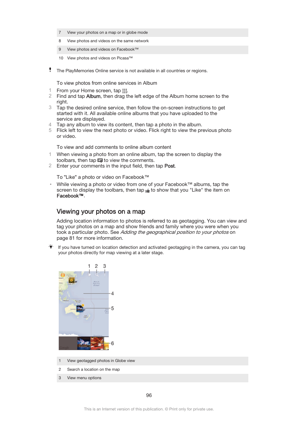 Viewing your photos on a map | Sony Xperia Z3 Compact User Manual | Page 96 / 133