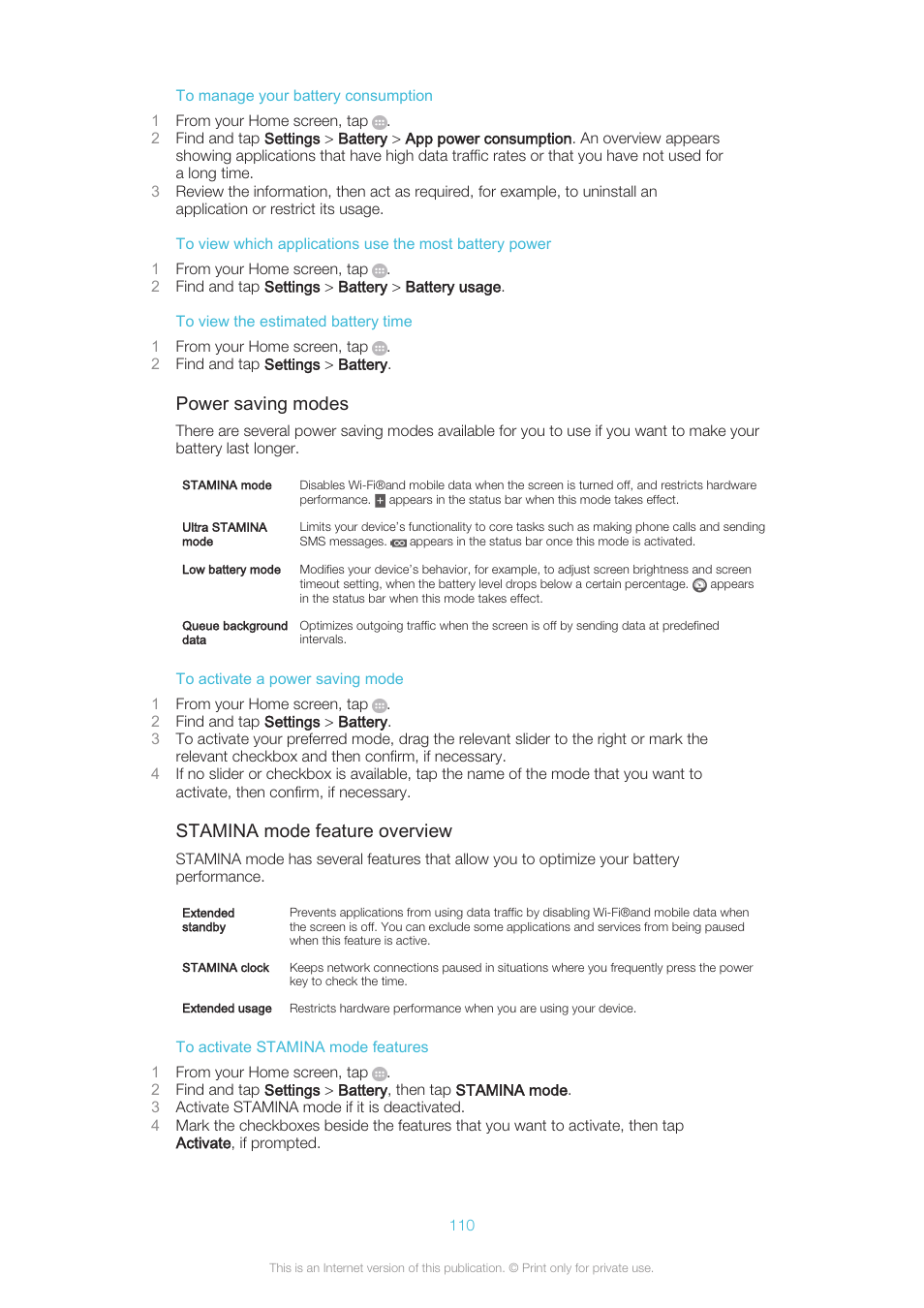 Power saving modes, Stamina mode feature overview | Sony XPERIA Z3v User Manual | Page 110 / 116