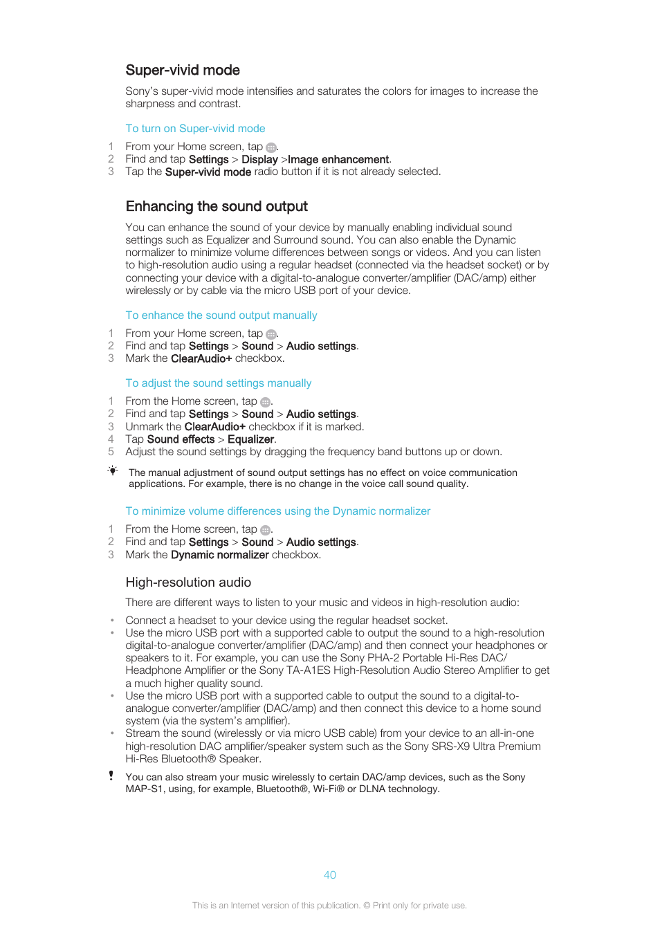 Super-vivid mode, Enhancing the sound output | Sony XPERIA Z3v User Manual | Page 40 / 116