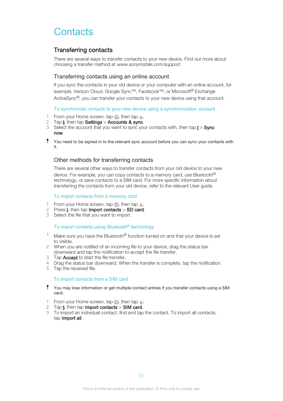 Contacts, Transferring contacts | Sony XPERIA Z3v User Manual | Page 51 / 116