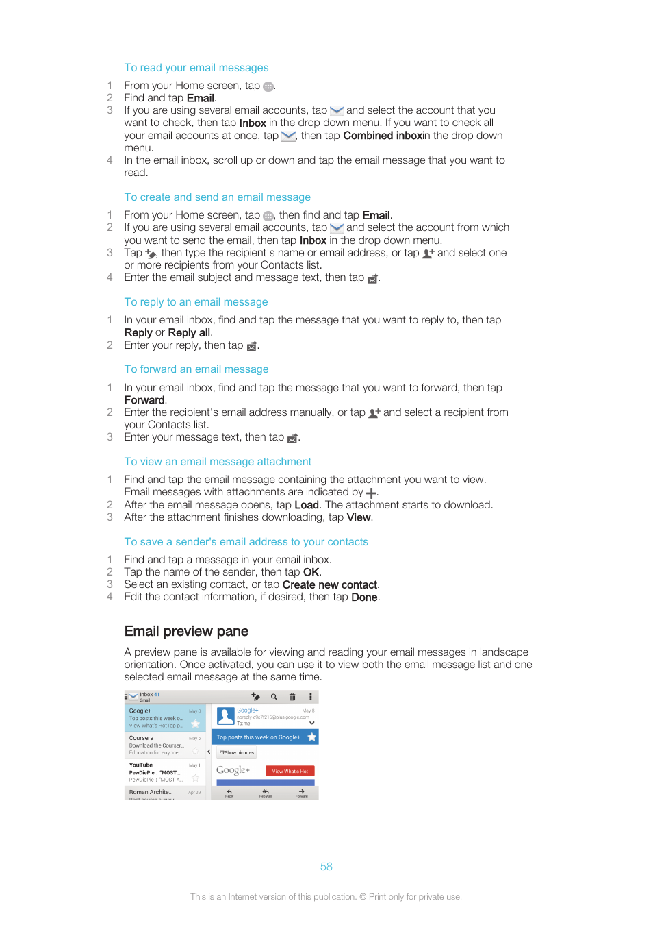 Email preview pane | Sony XPERIA Z3v User Manual | Page 58 / 116