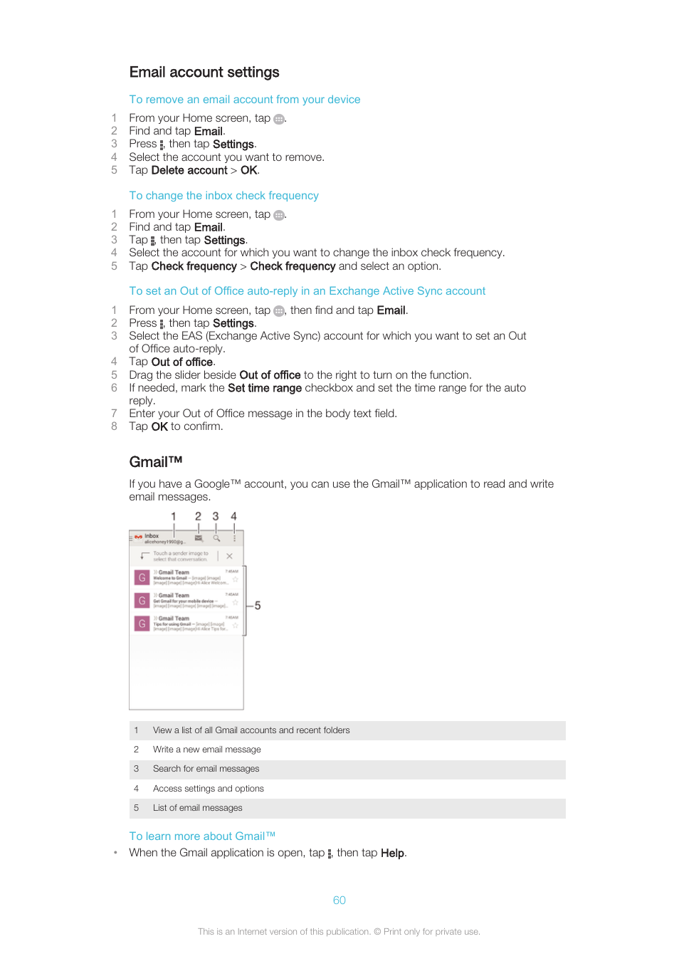 Email account settings, Gmail | Sony XPERIA Z3v User Manual | Page 60 / 116