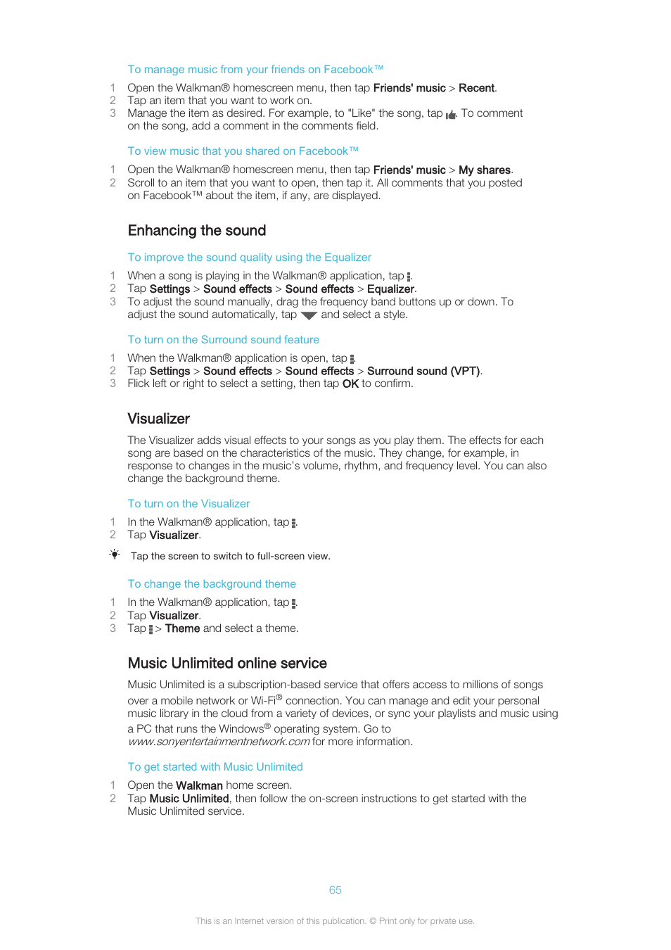 Enhancing the sound, Visualizer, Music unlimited online service | Sony XPERIA Z3v User Manual | Page 65 / 116