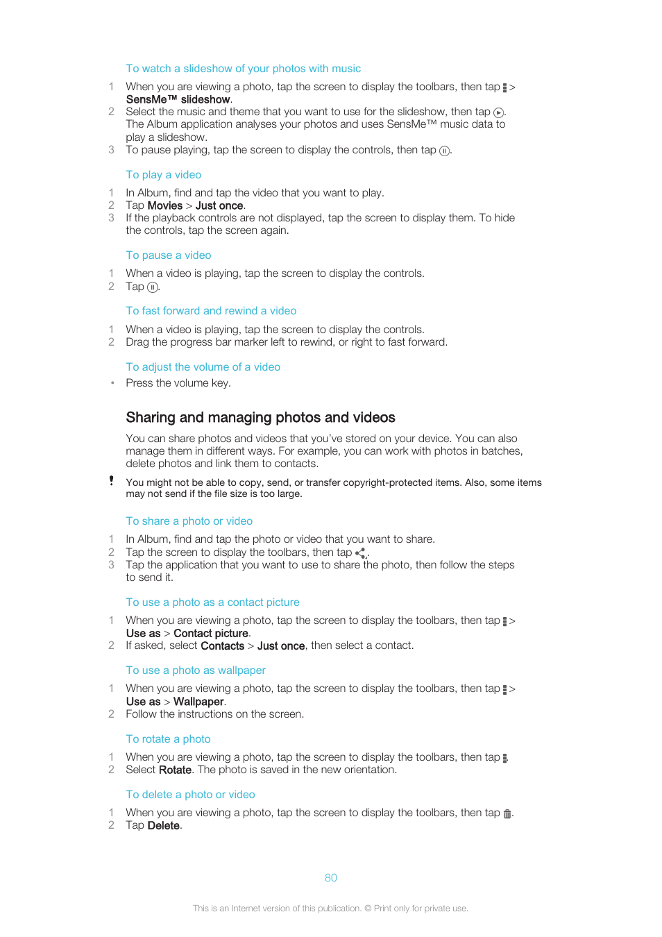 Sharing and managing photos and videos | Sony XPERIA Z3v User Manual | Page 80 / 116