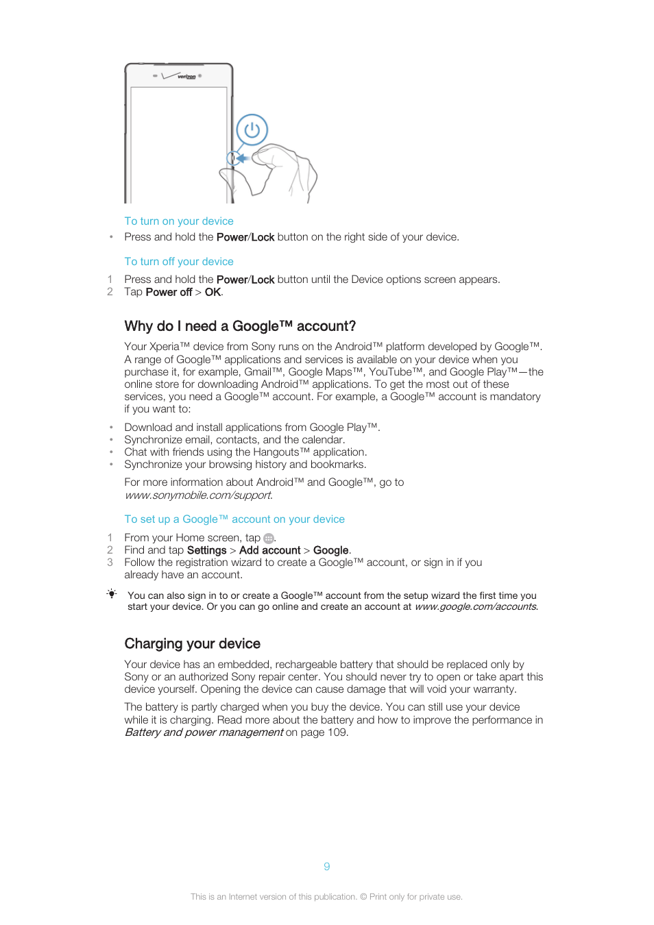 Why do i need a google™‎ account, Charging your device, Why do i need a google™ account | Sony XPERIA Z3v User Manual | Page 9 / 116