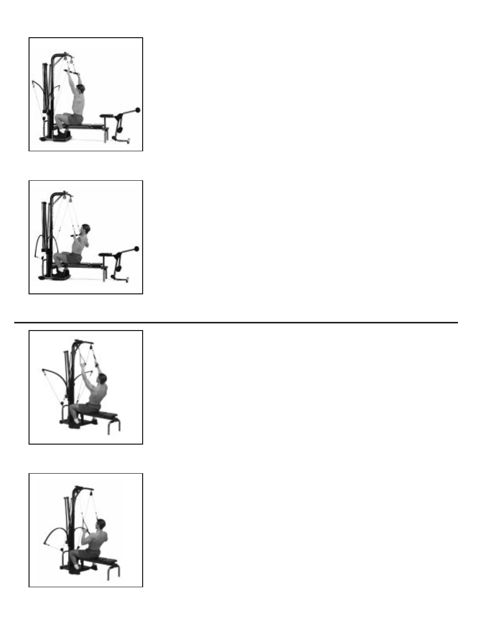 Back exercises, Wide pulldowns, Muscles worked | Starting position, Action, Key points, Narrow pulldowns, Finish start finish start 28 | Bowflex XTL User Manual | Page 30 / 80
