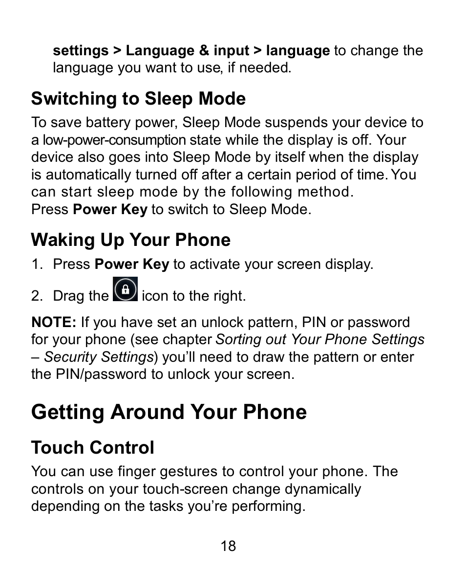 Switching to sleep mode, Waking up your phone, Getting around your phone | Touch control | Verykool s758 User Manual | Page 18 / 57