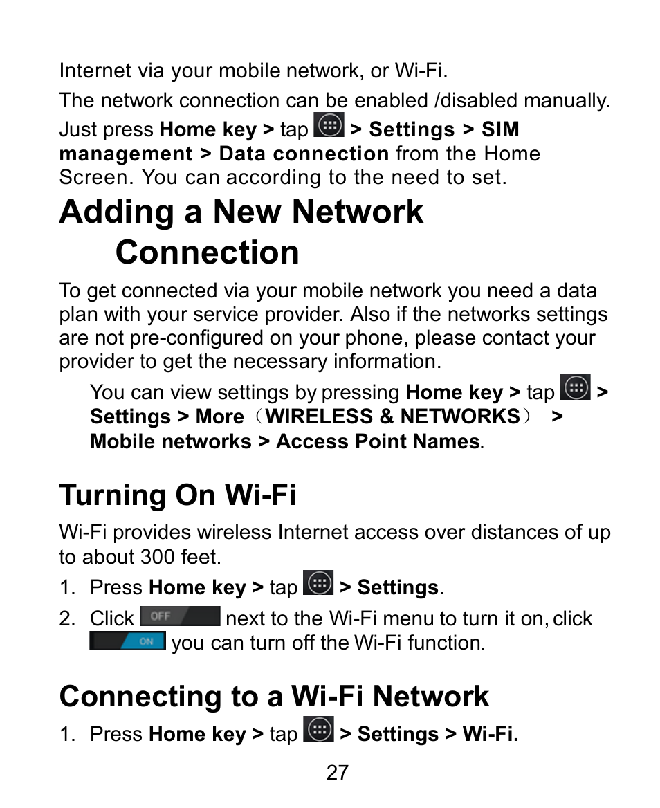 Adding a new network connection, Turning on wi-fi, Connecting to a wi-fi network | Verykool s758 User Manual | Page 27 / 57