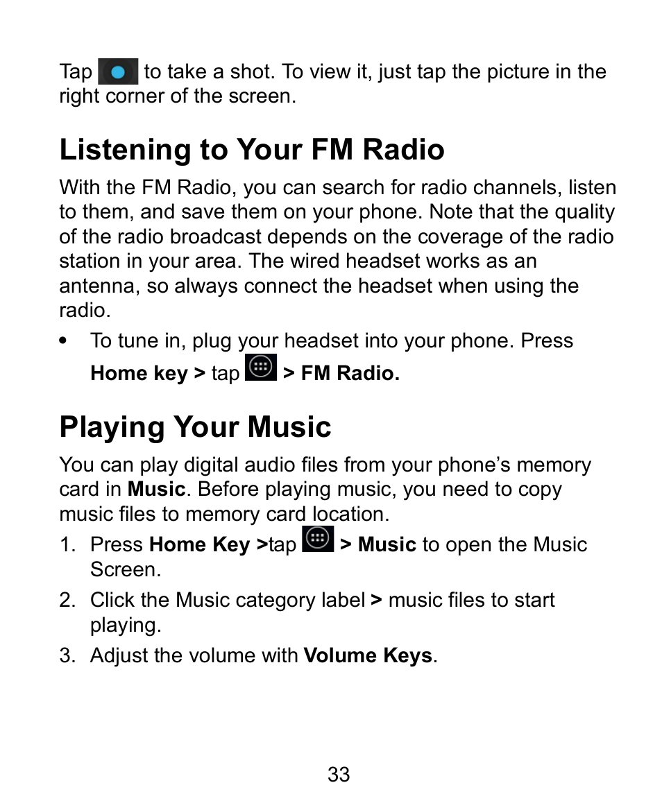 Listening to your fm radio, Playing your music | Verykool s758 User Manual | Page 33 / 57