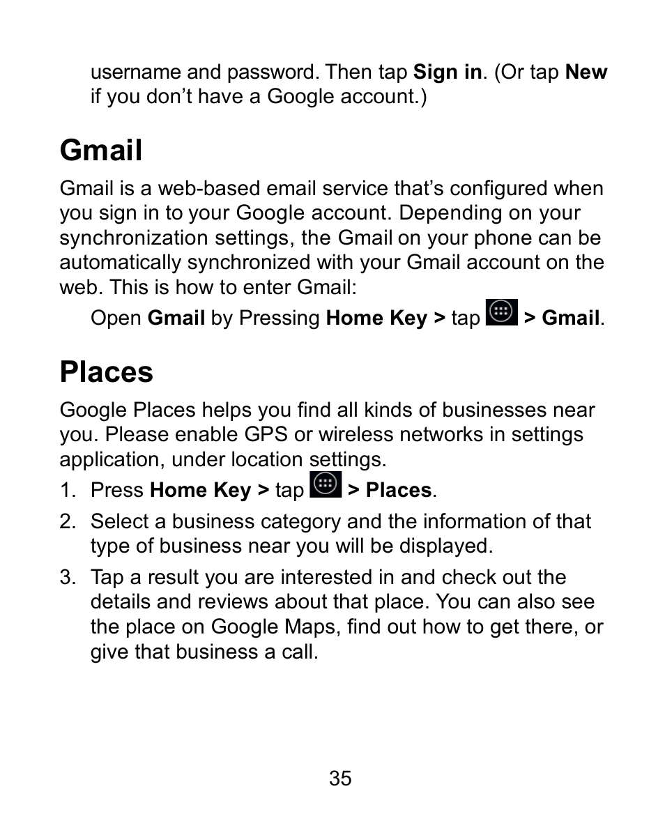 Gmail, Places | Verykool s758 User Manual | Page 35 / 57