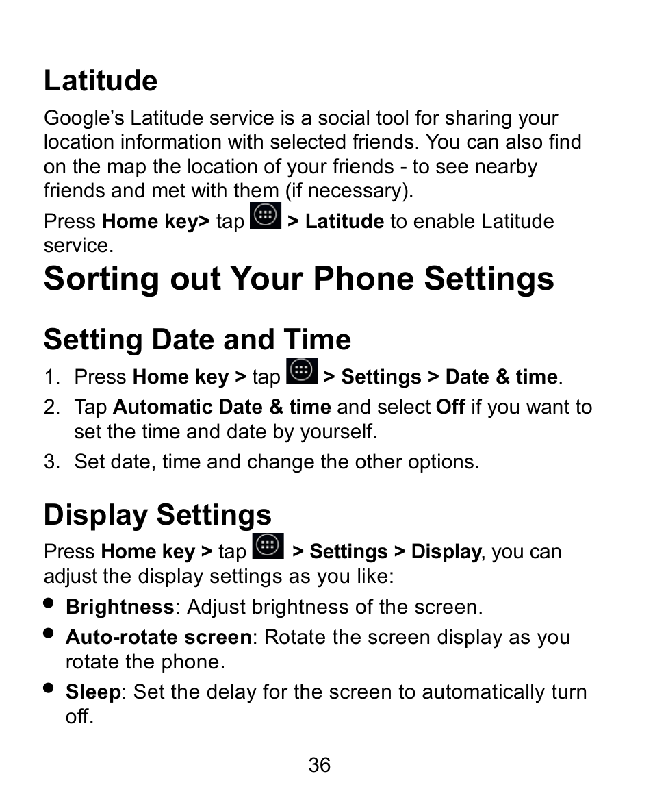 Latitude, Sorting out your phone settings, Setting date and time | Display settings | Verykool s758 User Manual | Page 36 / 57