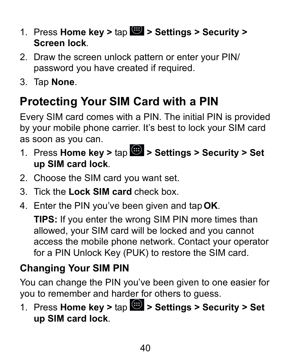 Protecting your sim card with a pin, Changing your sim pin | Verykool s758 User Manual | Page 40 / 57