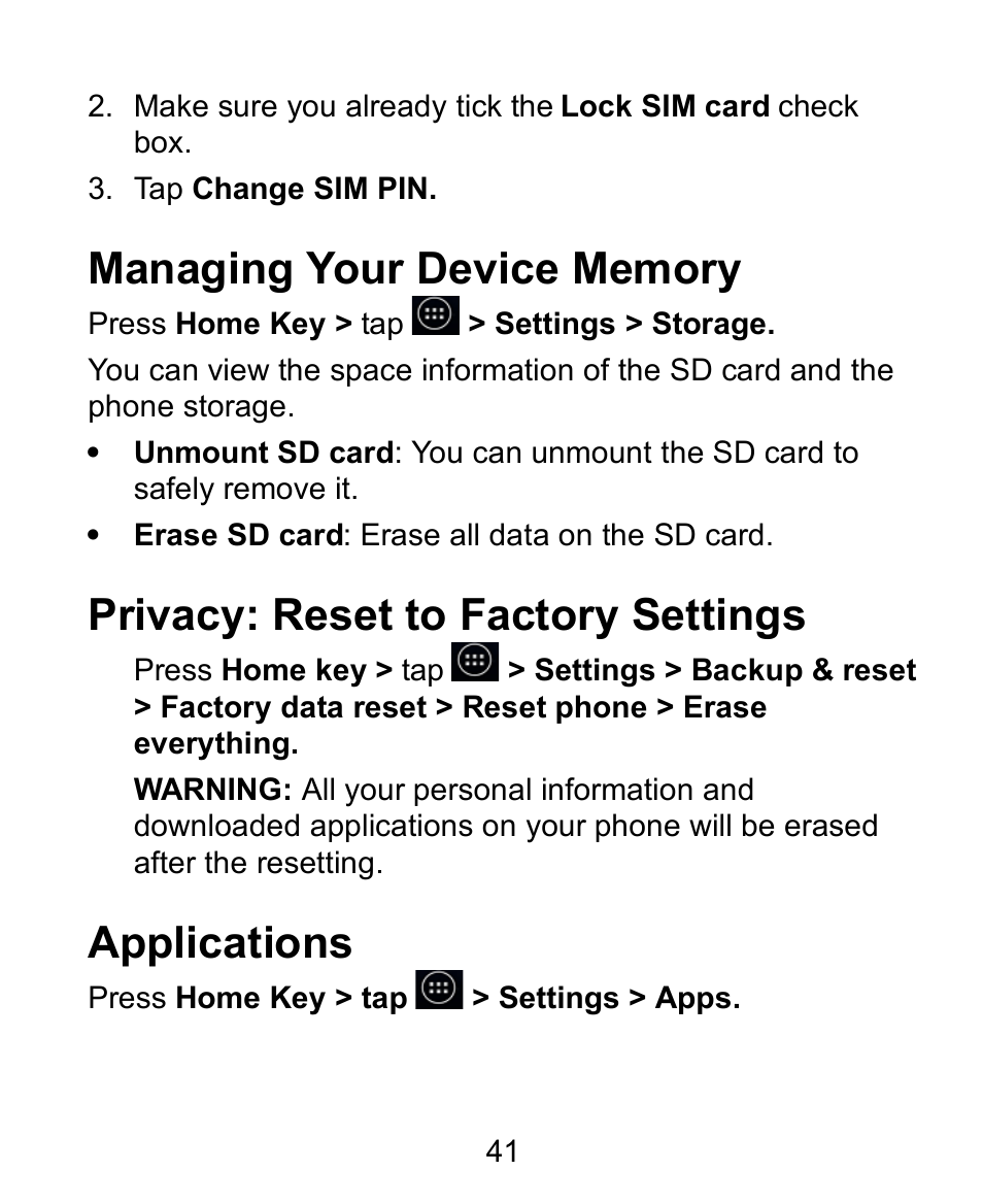 Managing your device memory, Privacy: reset to factory settings, Applications | Verykool s758 User Manual | Page 41 / 57