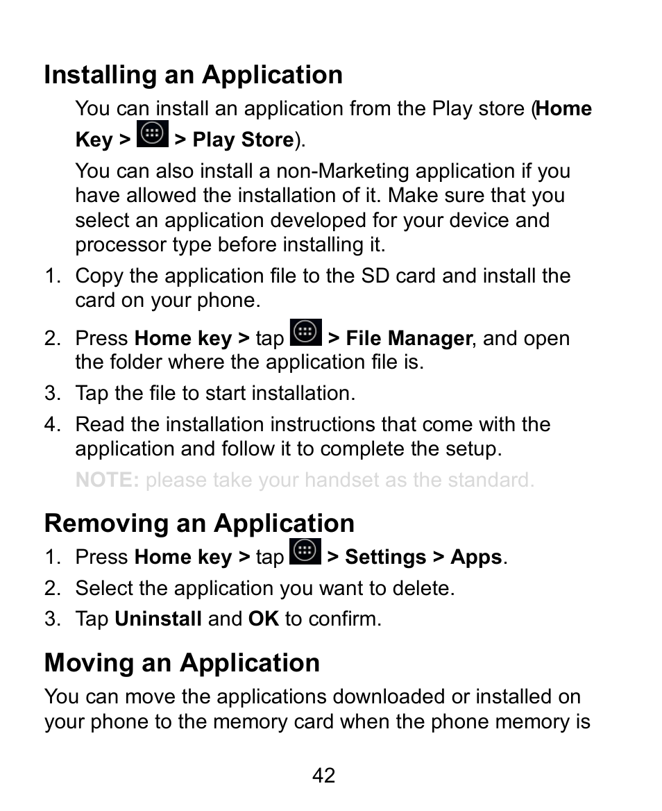 Installing an application, Removing an application, Moving an application | Verykool s758 User Manual | Page 42 / 57