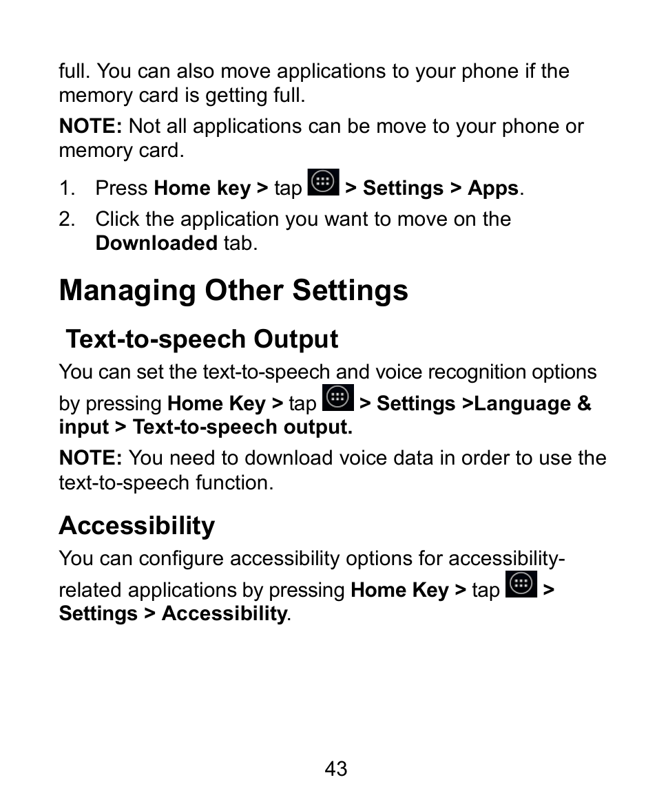 Managing other settings, Text-to-speech output, Accessibility | Verykool s758 User Manual | Page 43 / 57