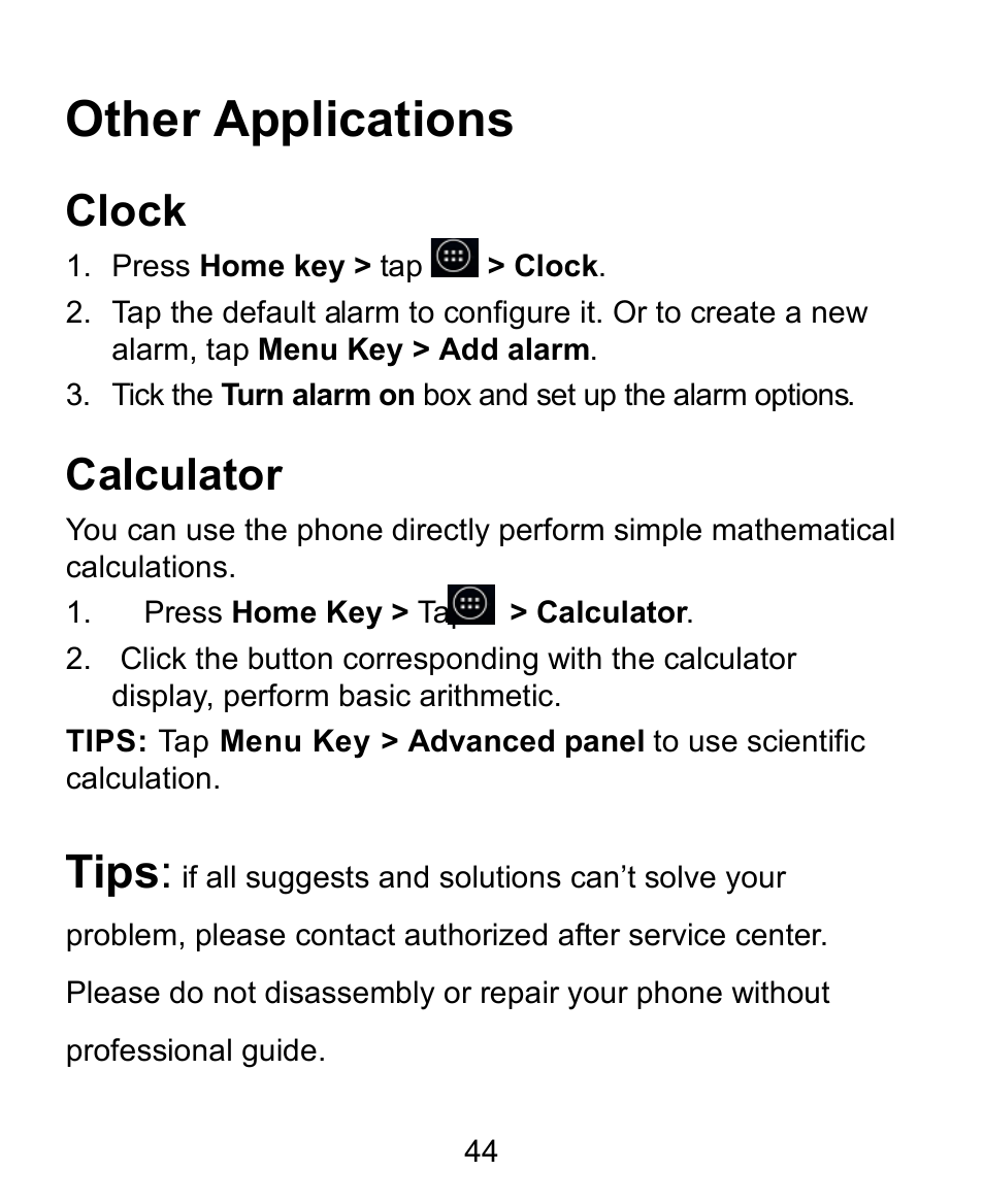 Other applications, Clock, Calculator | Tips | Verykool s758 User Manual | Page 44 / 57