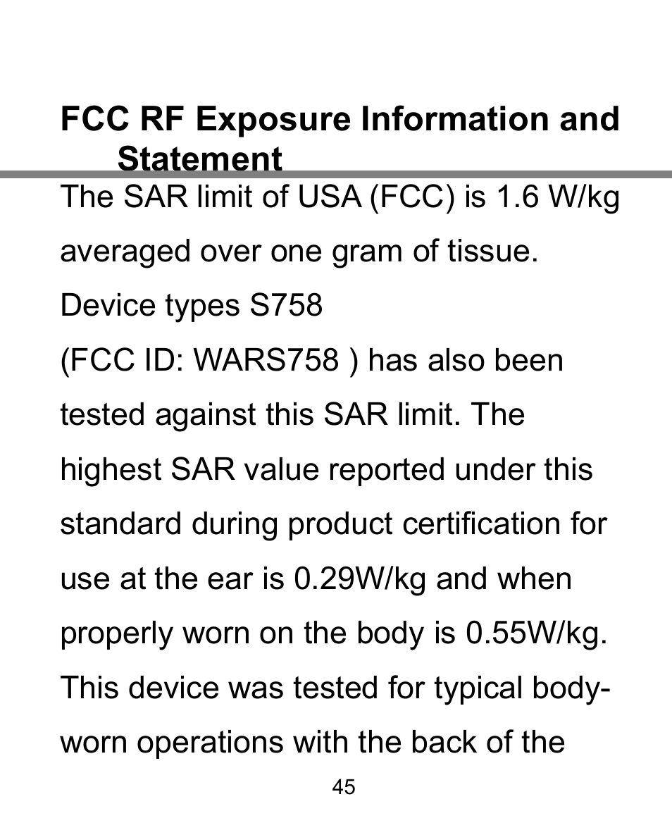 Fcc rf exposure information and statement | Verykool s758 User Manual | Page 45 / 57